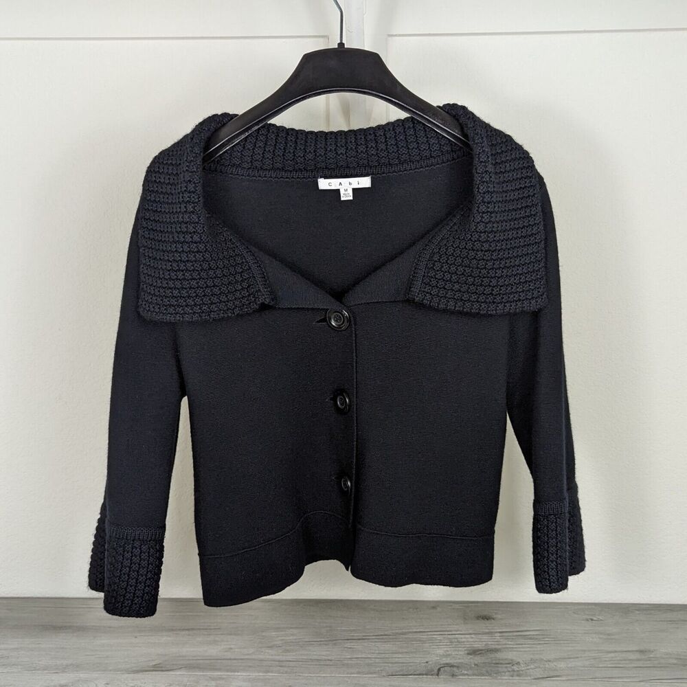 CAbi #502 Womens Black Wool Blend Button Up Cropped Cardigan Sweater sz M
